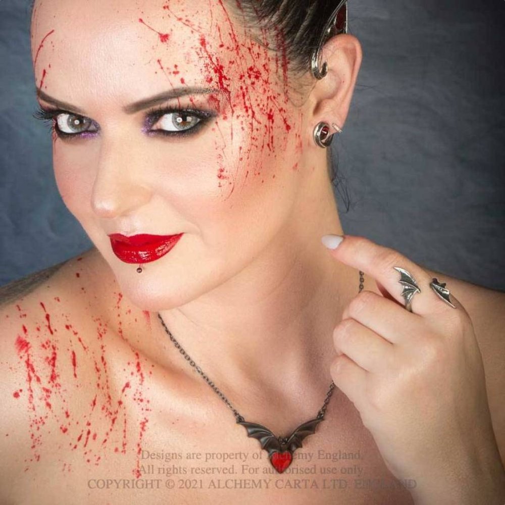 Alchemy Gothic Sombre Desir Black Bat Red Heart Necklace NEW - Picture 4 of 4